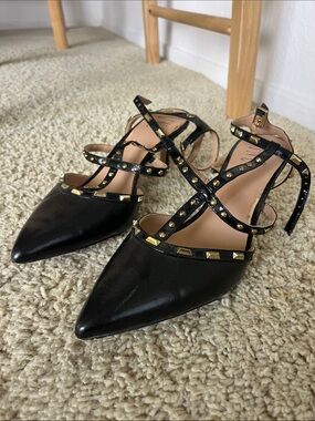 INC International Concepts Black Pointed-Toe Strappy Heels with Gold Studs